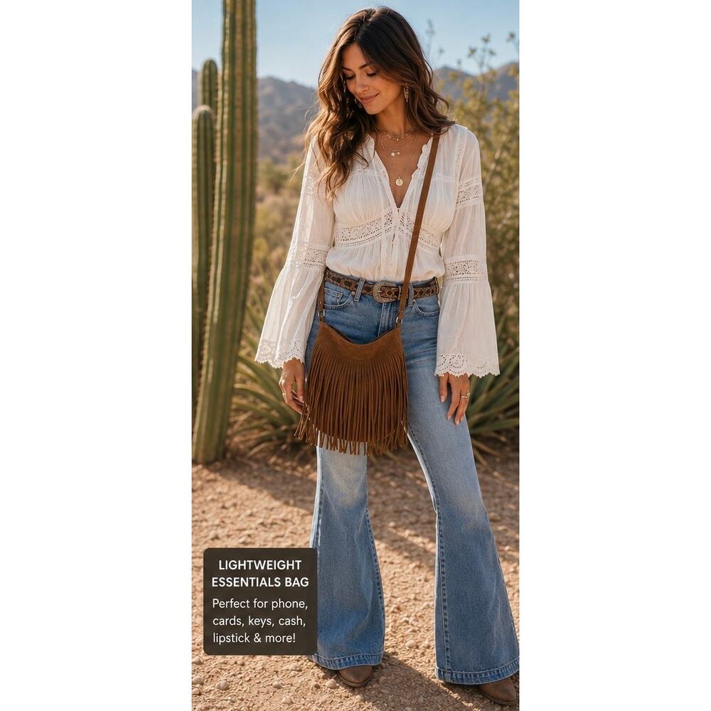 Boho Fringe Small Crossbody Bag Cognac Brown Concert Festival Western Purse NWT - Picture 2 of 10